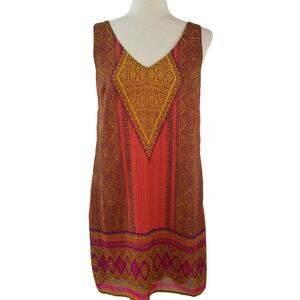 City Triangles Red Yellow Purple Tunic Top Dress V Neck Lined Silky Size Small